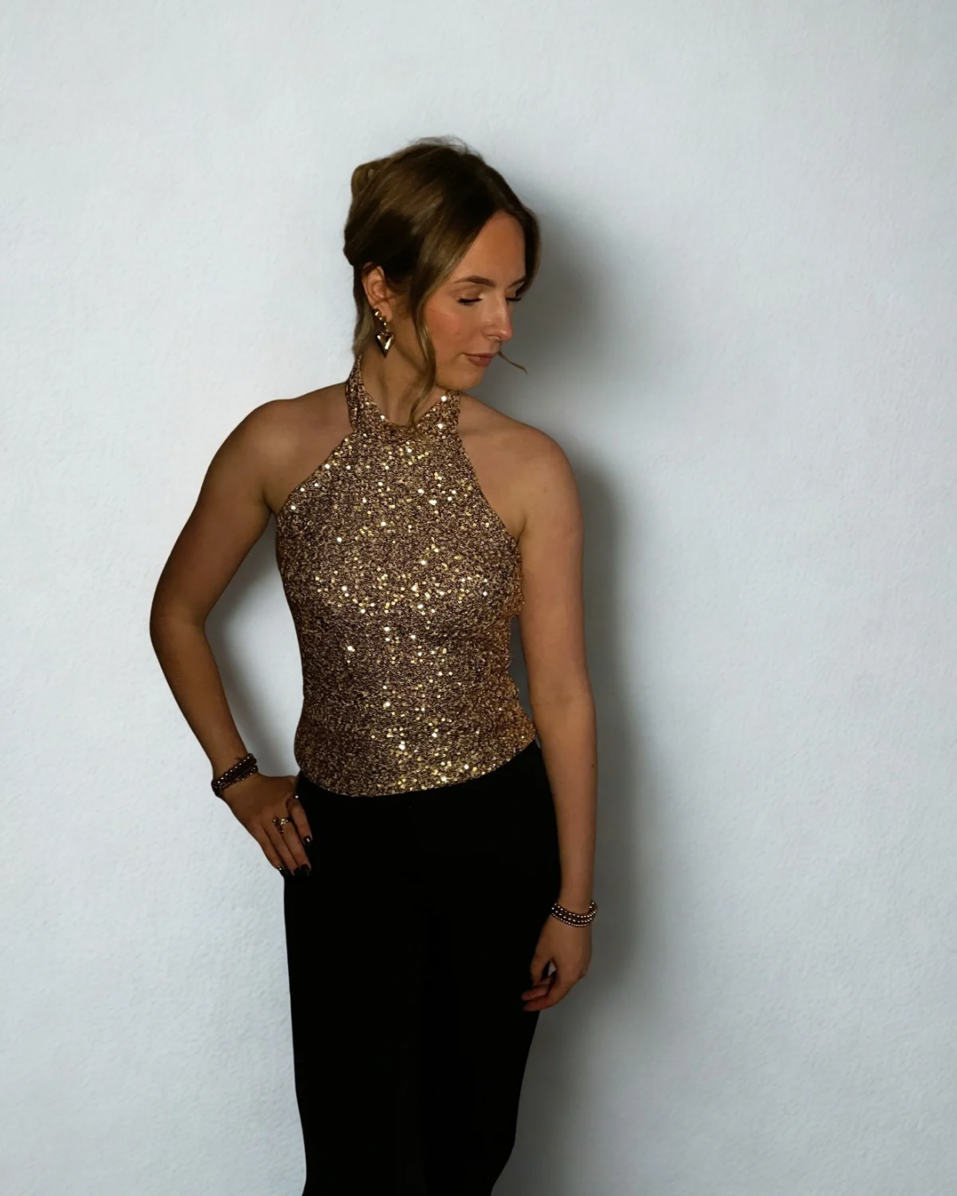 Glitter halter top goud